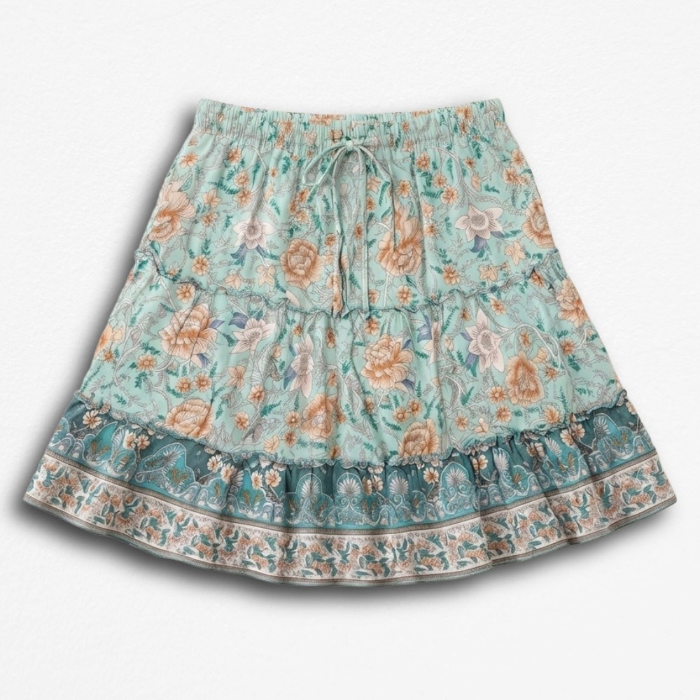 Alelly Women Teal Floral Boho Tiered Mini Skirt Elastic Waist Ruffle Hem Medium